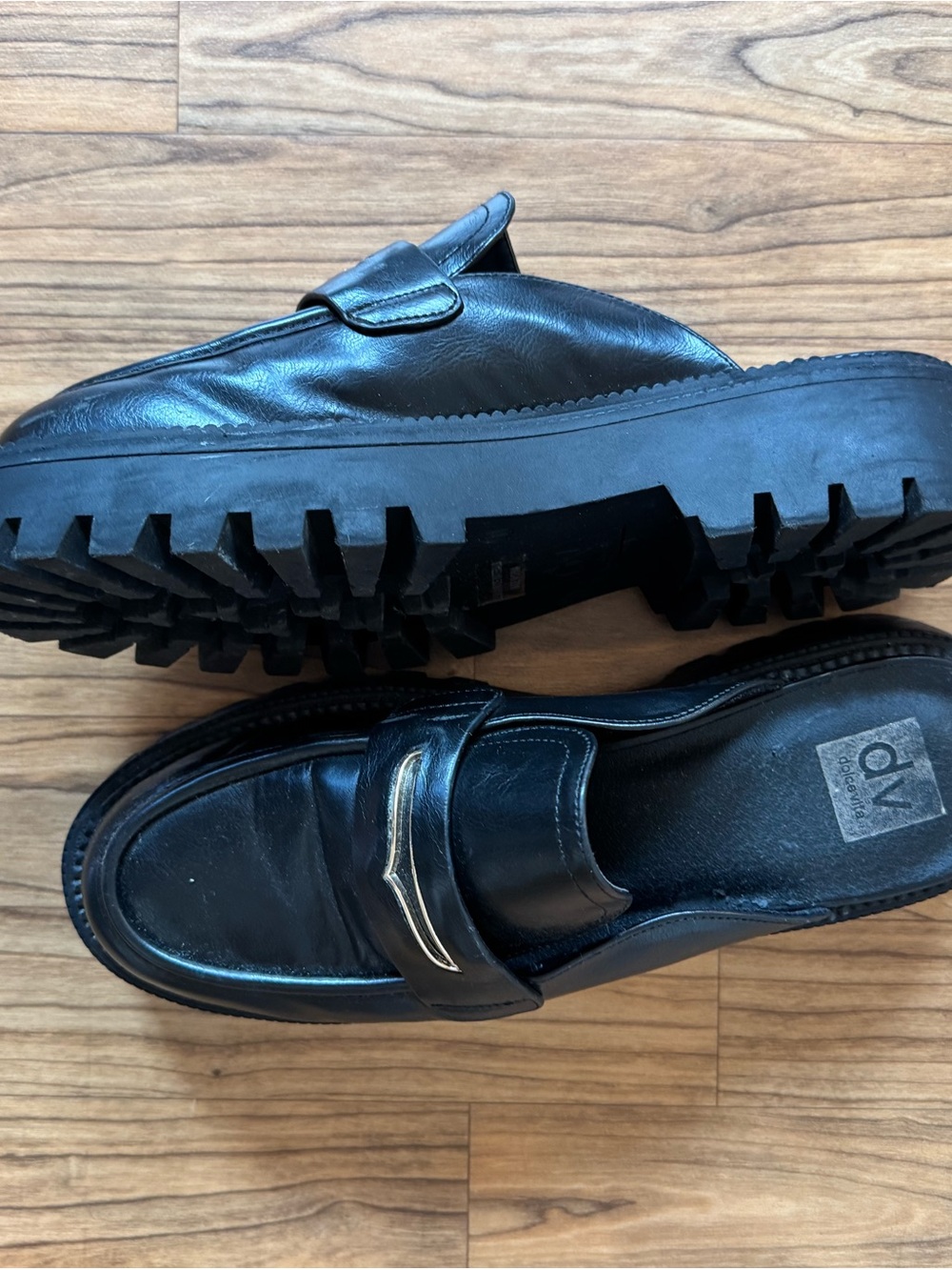 DV by Dolce Vita Black Leather Platform Loafers with Metal Accent